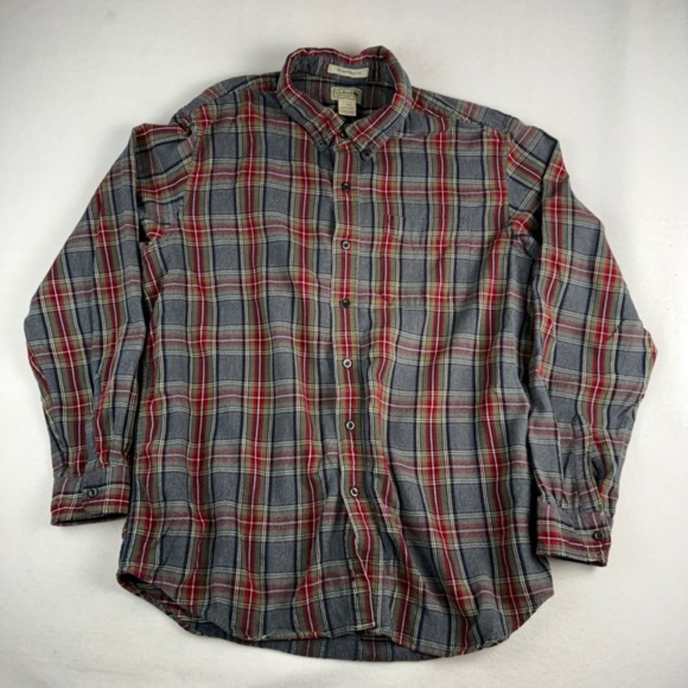 LL Bean Mens Flannel Shirt Large Traditional Fit Plaid Grey Red‎ Green 228061